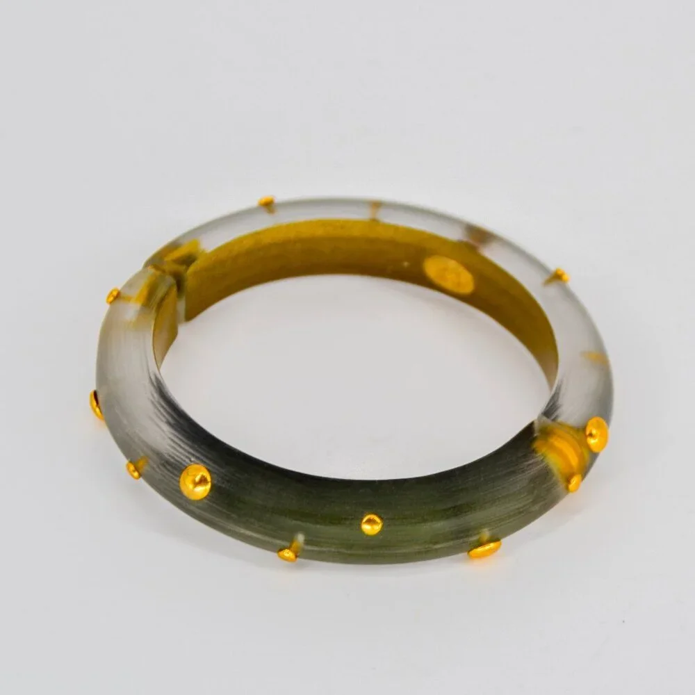 Alexis Bittar Gold Studded Lucite Hinged Statement Bracelet Transparent Green - Picture 3 of 6